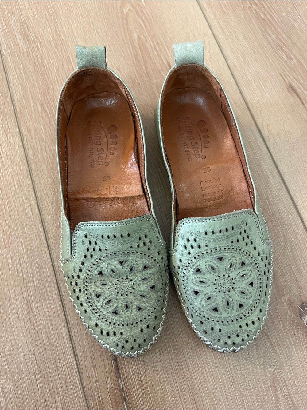 Spring Step Mint Green Perforated Leather Slip-On Loafers